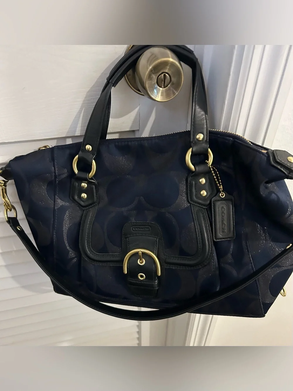 Coach Campbell Signature Metallic Satchel Navy Blue Black F26246